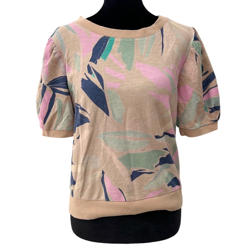 Saltwater Luxe Tropical Palm Print Puff Sleeve Sweatshirt Cotton Top Small S2283
